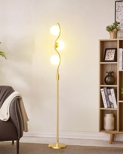 Dimmable Globe Floor Lamp, Gold Standing Lamps with 4PCS 3000K G9 Bulbs Soft Warm White Eye Care, Mid Century Modern Floor Lamp for Living Room