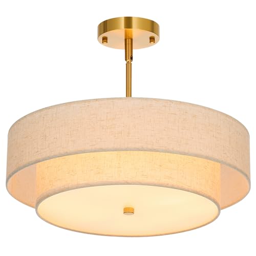 4-Light Drum Chandeliers, 18" Pendant Light Fixture with 2-Layer Fabric Shade E26 Bases, Adjustable Swivel Joint Hanging Light Fixture for Bedroom Living Room Kitchen Hallway, Antique Brass