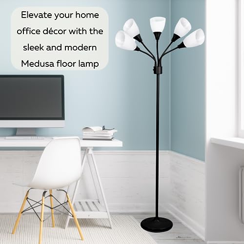 Modern Multi-Head Medusa Floor Lamp - 5 Light Standing Lamp for Bedroom and Living Room with Positionable Acrylic White Shades & 3-Light Mode Switch - Tall Black Floor Lamp for Living Room Decor