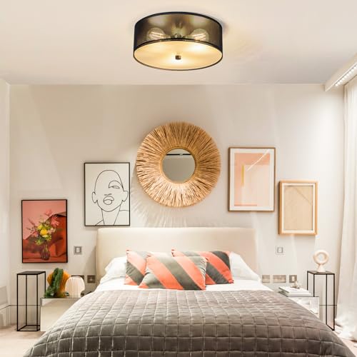 12"Semi Flush Mount Ceiling Light Fixture,3-Light Small Brass Chandelier Drum Lighting with Age Gold Metal Shade,Modern Close to Ceiling Lamps for Bedroom, Dining Room, Kitchen, Hallway, Entry, Foyer