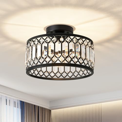 Crystal Black Ceiling Light, Modern Semi Flush Mount Ceiling Lighting Fixture, Round Hallway Lighting Fixtures Ceiling for Kitchen Entryway Bedroom Laundry Room, 1-Light, 11.4 Inch