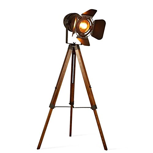 Tripod Floor Lamp, Height Adjustable Wooden Camera Tripod Rotatable Spotlight Tall Standing Light, Nostalgic Cinema Lamps for Living Room, Bedroom, Studios Decor(Black)