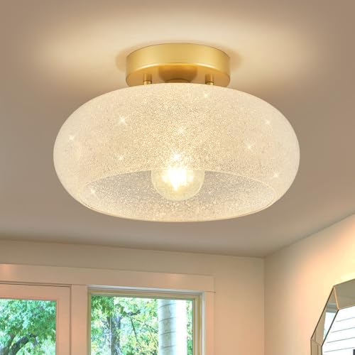 Black Semi Flush Mount Ceiling Light, Mid-Century Modern Glass Hallway Light Fixture Ceiling Mount, Vintage Close to Ceiling Light Fixtures for Bedroom, Entryway, Kitchen, Bathroom, 11 Inch