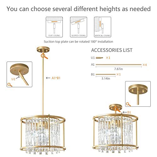 4-Light Dining Room Light Fixture 11.81 inch Square Lndustrial Farmhouse Chandelier Gold Metal Crystal Pendant Light for Kitchen Island Dining Room Living Room Flat and Inclined Ceiling