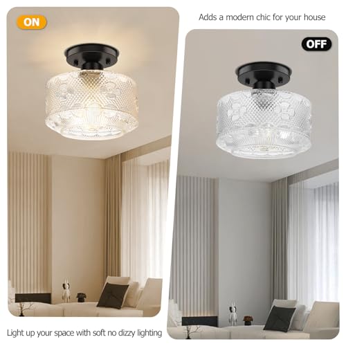 Modern 3-Light Semi Flush Mount Ceiling Light, Clear Glass Hallway Ceiling Light Fixture with Round Shade, Industrial Black Glass Close to Ceiling Lamp for Bathroom Kitchen Bedroom Porch