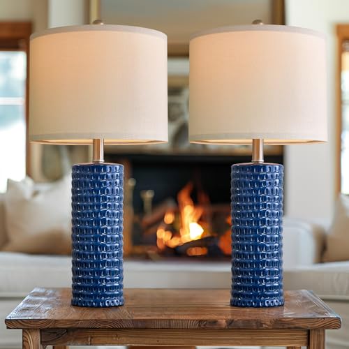 24" Farmhouse Ceramic Table Lamp Set of 2 for Bedroom Living Room White Desk Decor Bedside Lamps for Study Room Office Dorm Modern Accent Nightstand Lamp End Table Lamps