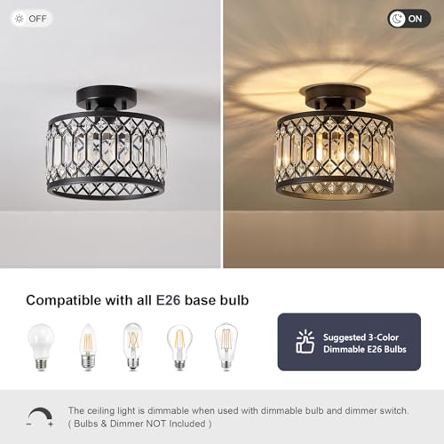 Crystal Black Ceiling Light, Modern Semi Flush Mount Ceiling Lighting Fixture, Round Hallway Lighting Fixtures Ceiling for Kitchen Entryway Bedroom Laundry Room, 1-Light, 11.4 Inch