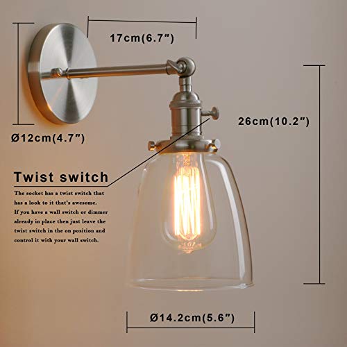 Vintage Wall Sconce Lighting with On Off Switch, Clear Glass Shade Brass Vanity Light, Industrial Wall Fixtures for Living Room Bathroom Bedroom Garage Porch