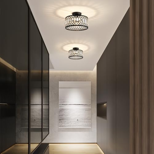 Crystal Black Ceiling Light, Modern Semi Flush Mount Ceiling Lighting Fixture, Round Hallway Lighting Fixtures Ceiling for Kitchen Entryway Bedroom Laundry Room, 1-Light, 11.4 Inch