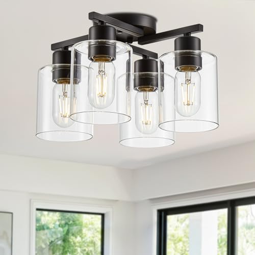 6 Light Semi Flush Mount Ceiling Light, Kitchen Lighting Fixtures Ceiling, Industrial Black Ceiling Light Fixtures with Clear Glass Shade for Hallway, Foyer, Farmhouse, Bedroom, Living Room