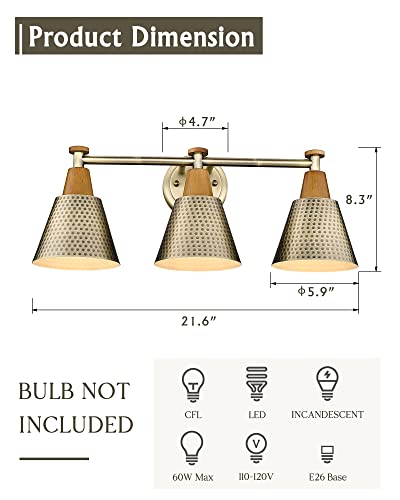 Antique Brass Bathroom Vanity Light, 3-Lights Industrial Modern Wall Sconce Bathroom Lighting, Hammered Metal Shade Finish, 4FG59B-3W BG