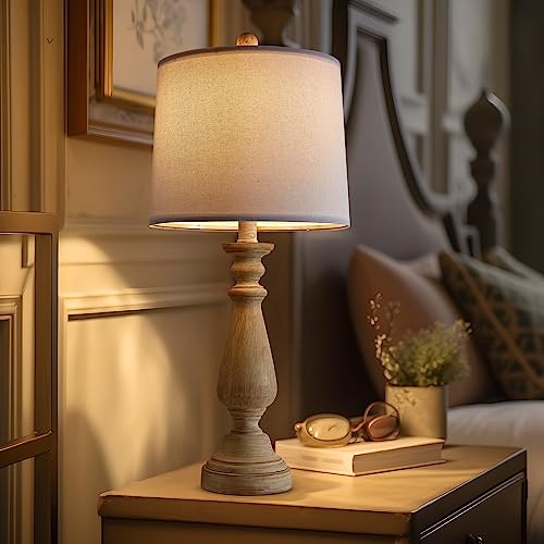 24.5" Mid Century Single Table Lamp for Living Room Farmhouse Linen Bedside Lamps for Bedroom Kids Room Dorm Office Rustic Lamps for End Table Nigntstand Resin