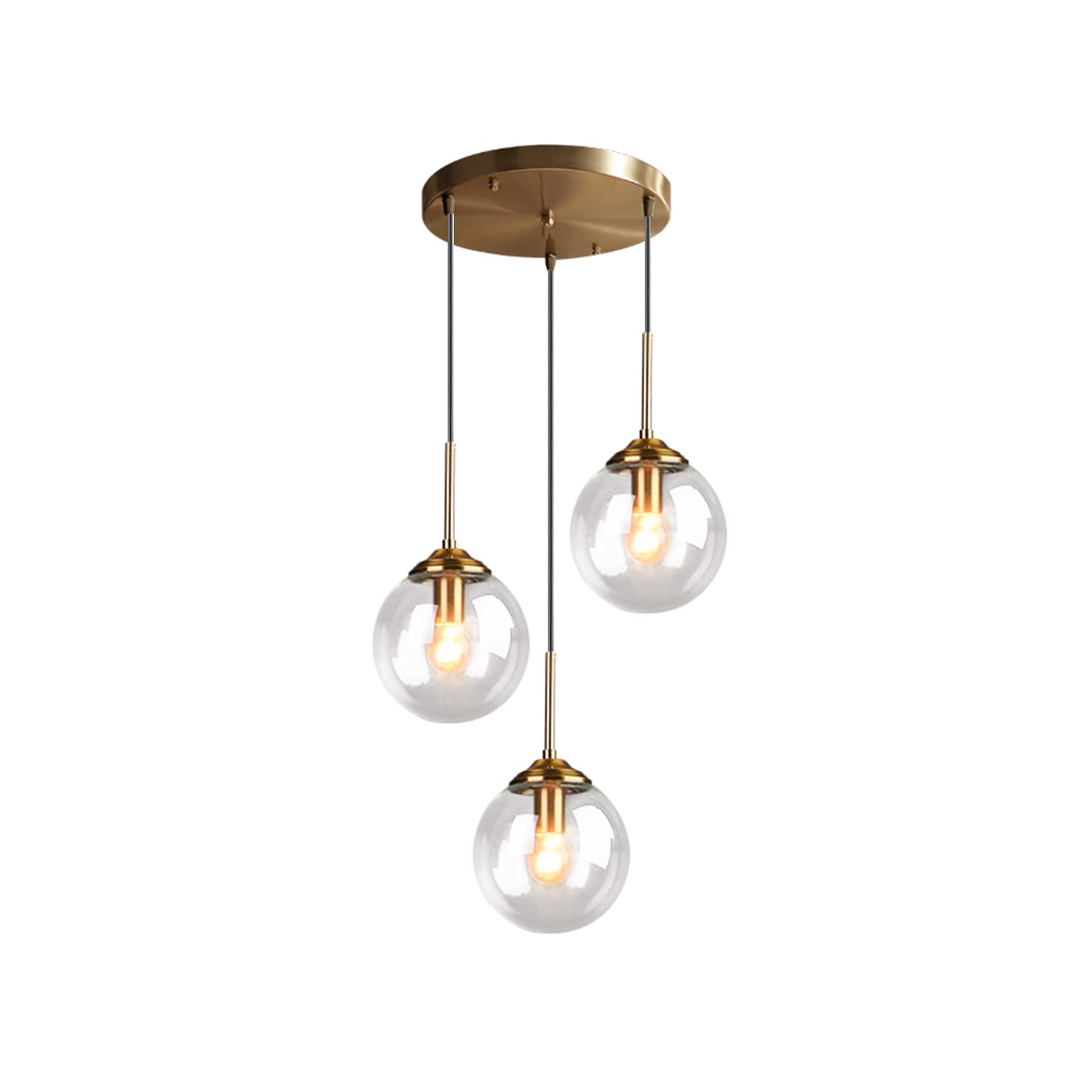 3-Light Glass Pendant Lighting Fixture with 5.12" Shades Gold Hanging Ceiling Lamp with Multiple Shades Pendant Light for Kitchen Island,Dining Room Chandelier (Transparent)