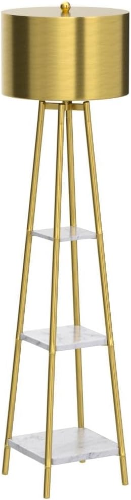 Floor Lamp, Standing Reading Light with Shelves and Gold Shade, Modern Tall Pole Lamp, Accent Furniture Décor Lighting for Living Room, Bedrooms