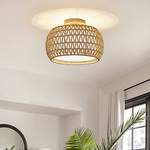 Rattan Ceiling Light Fixtures, Hand-woven Boho Flush Mount Ceiling Light, Handmade Rattan Light Fixtures Ceiling Mount with Fabric Shade, Farmhouse Light Fixture for Bedroom Hallway Entryway (White)