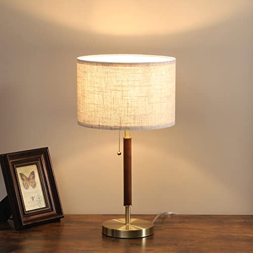 Mid Century Table Lamp, Bedside Lamp with Pull Chain Switch, Solid Wood & Metal Pole, Modern Nightstand Table Lamp for Living Room, Bedroom, Office, Frosted Bronze & Wood Finish