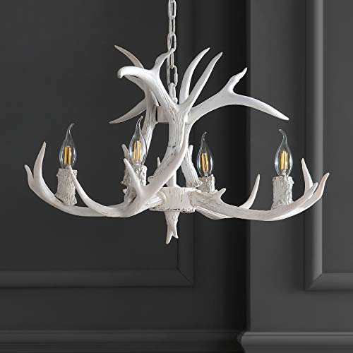 30" Adjustable Resin Antler 5-Light LED Chandelier, Glam, Rustic,Cottage,Transitional, Dimmable Dining Room, Living Room, Kitchen, Foyer, Bedroom, White