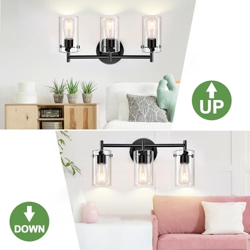 Bathroom Light Fixtures 2023 Upgrade, 3-Light Matte Black Bathroom Vanity Light, Black Bathroom Lights Over Mirror with Clear Glass Shade, Bathroom Wall Sconces for Mirror Bedroom Living Room Hallway