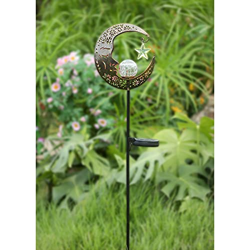 Solar Lights Outdoor Decor Moon Lantern for Patio,Lawn or Pathway Moon Decorations Crackle Glass Globe Stake Metal Lights Waterproof Warm LED Garden Gifts (Bronze)