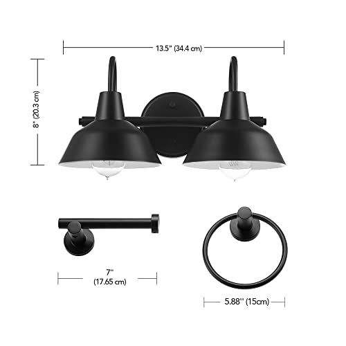 Globe Electric 51710 Bathroom Accessory Set, Matte Black, 3-Light Vanity Light, Towel Bar, Towel Ring, Robe Hook, Toilet Paper Holder, Bathroom Lights Over Mirror, Home Décor, Brooklyn, 5-Piece