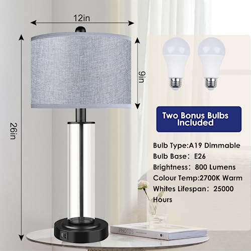 Table Lamps for Bedrooms Set of 2, 26'' Tall Glass Bedside Table Lamp with Dual USB Charging Ports,Touch Bedroom Modern Lamps with Gery Fabric LampShade for Nightstand Living Room,Bulbs Included