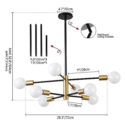 Sputnik Chandelier Modern Gold Chandelier 6-Light E26 Mid Century Ceiling Light Fixture Height Adjustable Hanging Pendant Lighting for Dining Room Kitchen Island Bedroom Office