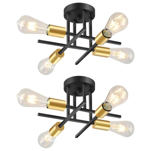 4-Light Modern Sputnik Chandelier, Mid Century Ceiling Light Fixture, Gold Black Semi Flush Mount Ceiling Lights for Dining Room Bedroom Foyer Hallway Kitchen Office (2 Pack)