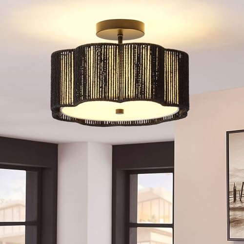 Rattan Ceiling Light Fixtures Flush Mount,3-Light Boho Light Fixtures Ceiling Mount for Bedroom,Close to Ceiling Light Modern Rattan Chandelier Lighting for Hallway Kitchen Dining Room(Yellow)