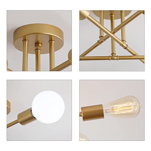 Gold Modern Sputnik Chandelier Ceiling Light Fixtures,6-Lights Industrial Metal Semi Flush Mount Ceiling Light for Bedroom Dining Room Living Room Kitchen Hallway UL Listed