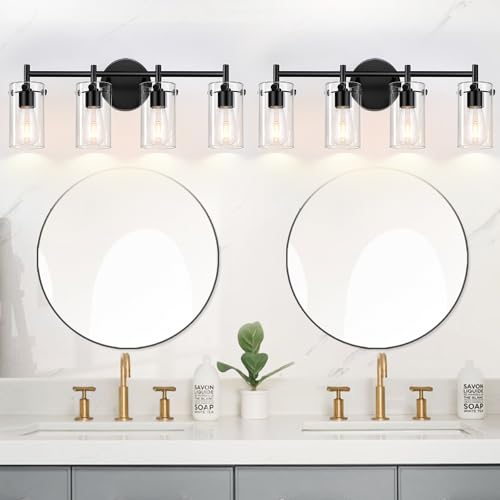 Bathroom Light Fixtures 2023 Upgrade, 3-Light Matte Black Bathroom Vanity Light, Black Bathroom Lights Over Mirror with Clear Glass Shade, Bathroom Wall Sconces for Mirror Bedroom Living Room Hallway