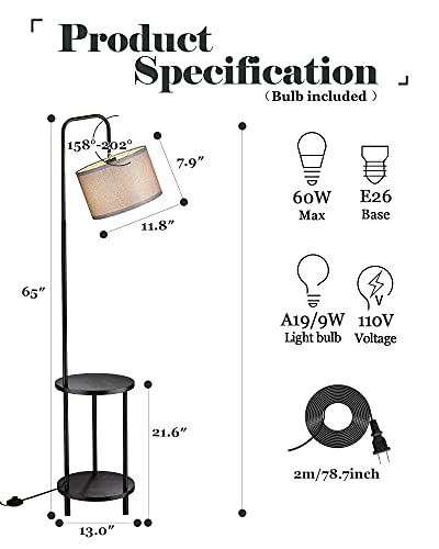 Modern Floor Lamp with End Table, Rubber Wood Bedside Table Lamp with Adjustable Drum Shade, Rustic Tall Pole Shelf Reading Standing Light for Farmhouse Bedroom, Living Room, Office - Walnut