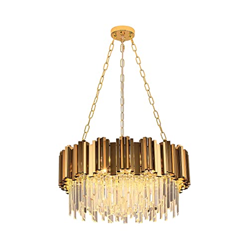 Modern K9 Crystal Pendant Lighting, Round Gold Crystal Chandelier Contemporary Luxury Pendant Ceiling Lighting Fixture for Dining Living Room Kitchen Island, Antique Gold