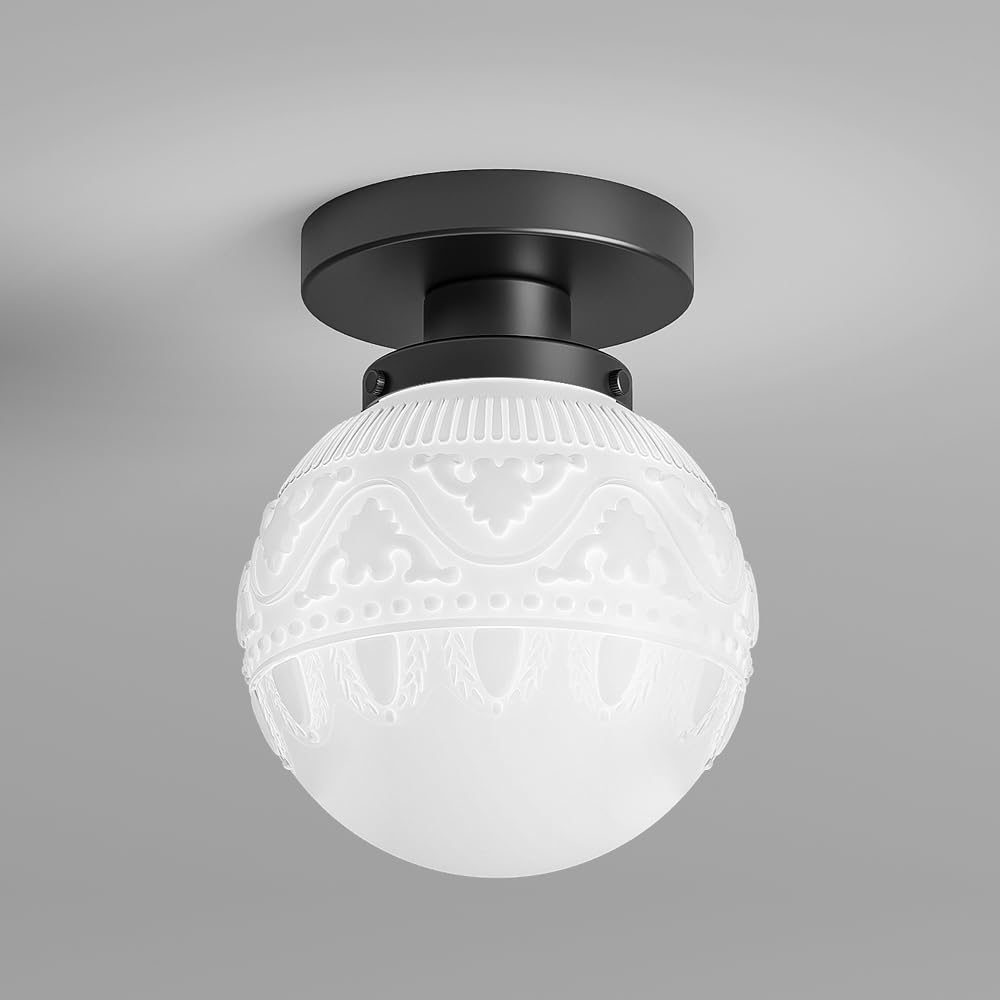 Semi Flush Mount Ceiling Light Fixtures, Vintage Globe Glass Ceiling Light Fixture, Antique Small Black Hallway Light Fixtures for Bedroom, Closet, Entryway, Bathroom, Kitchen