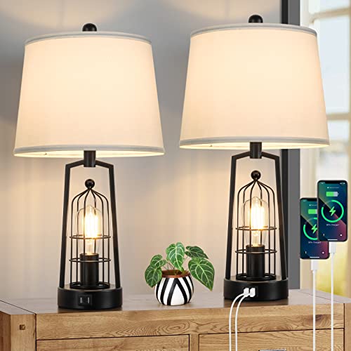 Farmhouse Table Lamps with 2 USB Ports, Set of 2 Rustic Industrial Desk Lamp for Living Room, 2-Light Black Bedside Lamp, Bedroom Nightstand Lamp with Gray Lampshade for House Decor, Reading