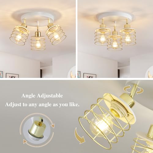 Semi Flush Mount Ceiling Light Fixture, Adjustable 3-Lights Kitchen Light Fixtures Ceiling Mount, Multi-Directional Ceiling Lights for Kitchen Farmhouse Hallway Dining Room Entryway (White & Gold)