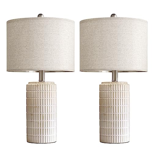 23'' Bedside Table Lamp for Bedroom Nightstand - Ceramic Lamp for Living Room, White Night Stand Light Lamp with Round Linen Shade, Modern Bedroom Lamp Beige