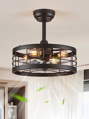 16.5 inch Black Caged Ceiling Fan with Light, Bladeless Industrial Ceiling Fan with Remote, Farmhouse Fan Lights Ceiling Fixtures for Kitchen, Bedroom, Outdoor（6 Speed, Timing）-Black