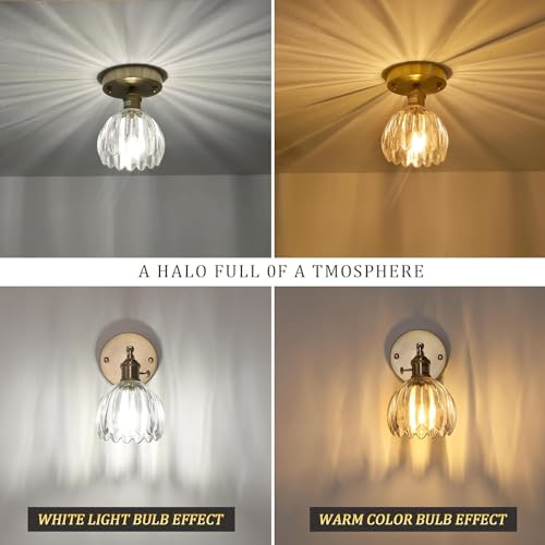 Semi Flush Mount Ceiling Light, Gold Hallway Vintage Lights Fixture Ceiling with Amber Peony Glass, Bulb Included, 4.72" Base Modern Ceiling Light Fixtures for Kitchen Bedroom