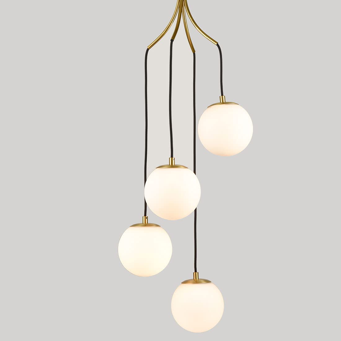 Mid Century Modern Pendant Lighting 4-Light Globe Chandeliers White Opal Glass Shade Brass