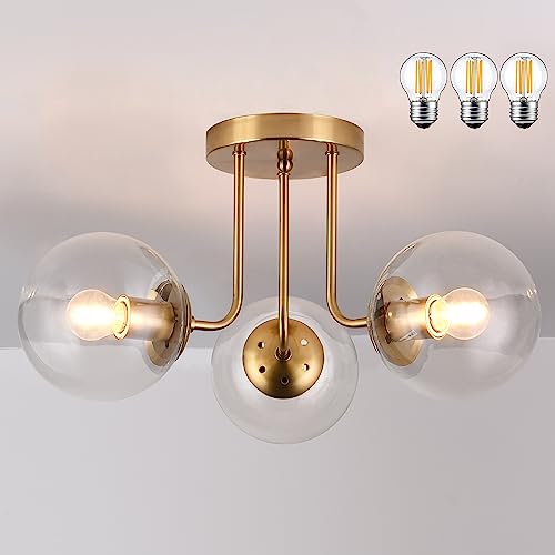 KoKo&Yukina 3-Light Semi Flush Mount Ceiling Light Globe Ceiling Light Mid Century Ceiling Light with Opal Milk Glass Globe & Brushed Brass for Bedroom Hallway Entryway Kitchen Living Room-Bulb Incl