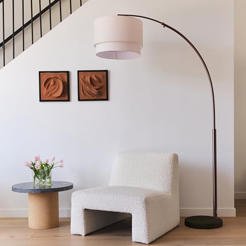 Modern Corner Standing Lamp with Unique Hanging Drum Lamp Shade for Living Room - Bright Overhead, Curved Hanging Light for Bedroom. Library, Den - Bronze