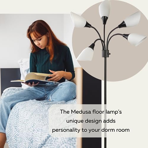 Modern Multi-Head Medusa Floor Lamp - 5 Light Standing Lamp for Bedroom and Living Room with Positionable Acrylic White Shades & 3-Light Mode Switch - Tall Black Floor Lamp for Living Room Decor