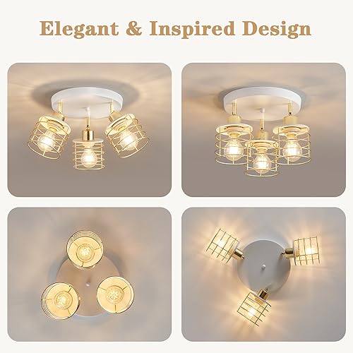 Semi Flush Mount Ceiling Light Fixture, Adjustable 3-Lights Kitchen Light Fixtures Ceiling Mount, Multi-Directional Ceiling Lights for Kitchen Farmhouse Hallway Dining Room Entryway (White & Gold)