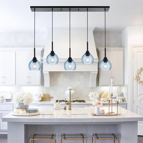 3 Light Island Lights for Kitchen with Striped Swirl Globe Glass, Black Linear Hanging Pendant Light Fixture Farmhouse Chandelier for Dining Room Bar Living Room