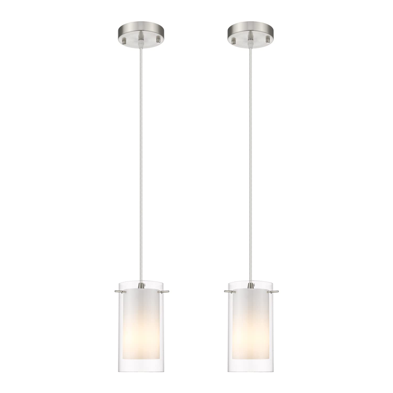 Modern Glass Pendant Light 2 Pack, Adjustable Hanging Pendant Lighting Kitchen Lights Island Dining Room Bathroom Bar, Brushed Nickel Finish