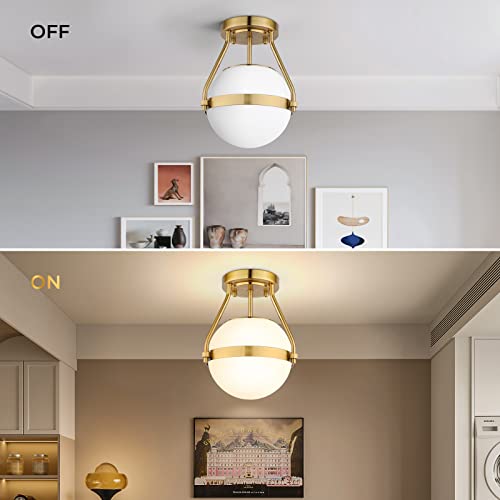 Lakumu Globe Semi Flush Mount Ceiling Light, Mid Century Ceiling Lamp with Milky White Glass Shade, Industrial Brushed Gold Ceiling Light for Living Room Hallway Kitchen Island Dining Room(Bulb Incl.)