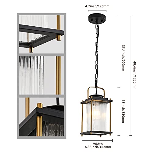 Outdoor Hanging Porch Light Waterproof Black and Gold Outdoor Pendant Lights Outdoor Chandelier with Striped Glass for Porch Entryway and Front Door.