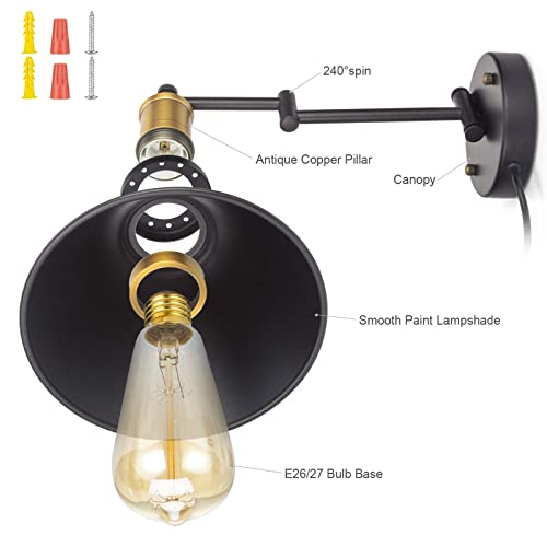 Swing Arm Wall Lamp Plug-in Cord Industrial Wall Sconce, Bronze and Black Finish,with On/Off Switch, E26 Base,1-Light Bedroom Wall Lights Fixtures,Bedside Reading Lamp