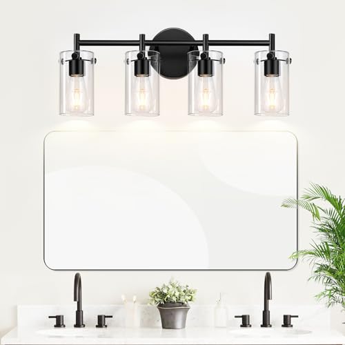 Bathroom Light Fixtures 2023 Upgrade, 3-Light Matte Black Bathroom Vanity Light, Black Bathroom Lights Over Mirror with Clear Glass Shade, Bathroom Wall Sconces for Mirror Bedroom Living Room Hallway