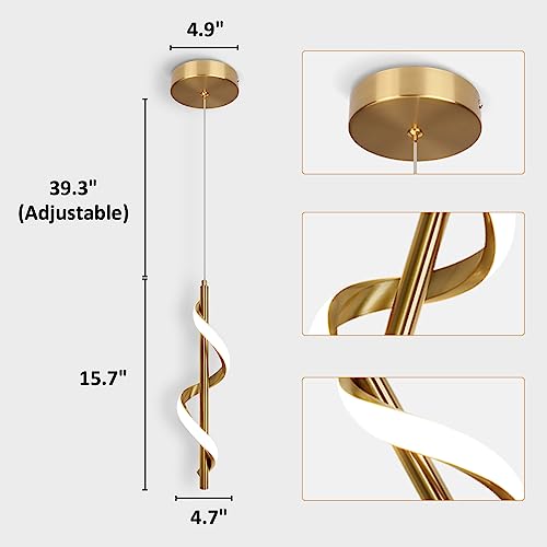 Gold Pendant Light, Spiral Modern Led Pendant Lighting for Kitchen Island, 5500K Brushed Brass Ceiling Hanging Light Fixture for Dining Room Bedroom Sink Table Small Pendant Lights